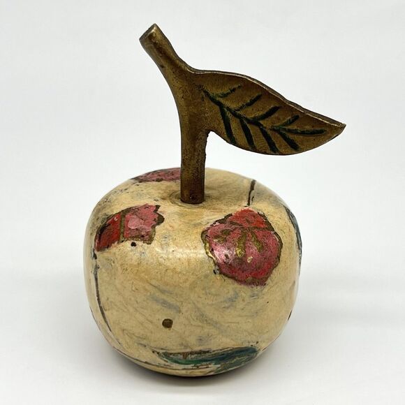 Vintage Solid Brass Hand Painted Dinner Bell Apple 3” Tall w/Stem Teacher Decor - Picture 9 of 9